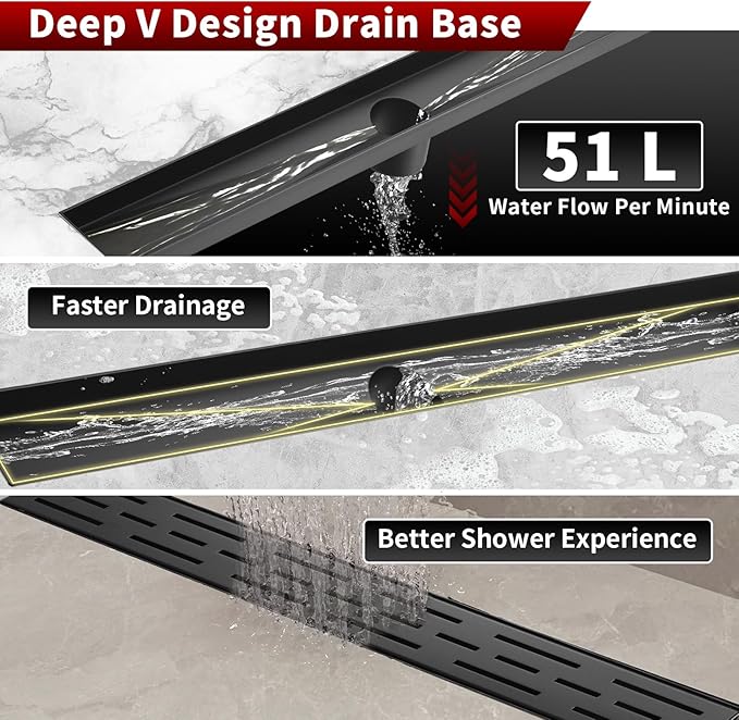 Sharp-tec Linear Shower Drain, 24 inch Shower Drain with Removable Pattern Cover, Matte Black 304 Stainless Steel Rectangle Floor Drain, Adjustable Feet and Hair Strainer Included (Model 101)