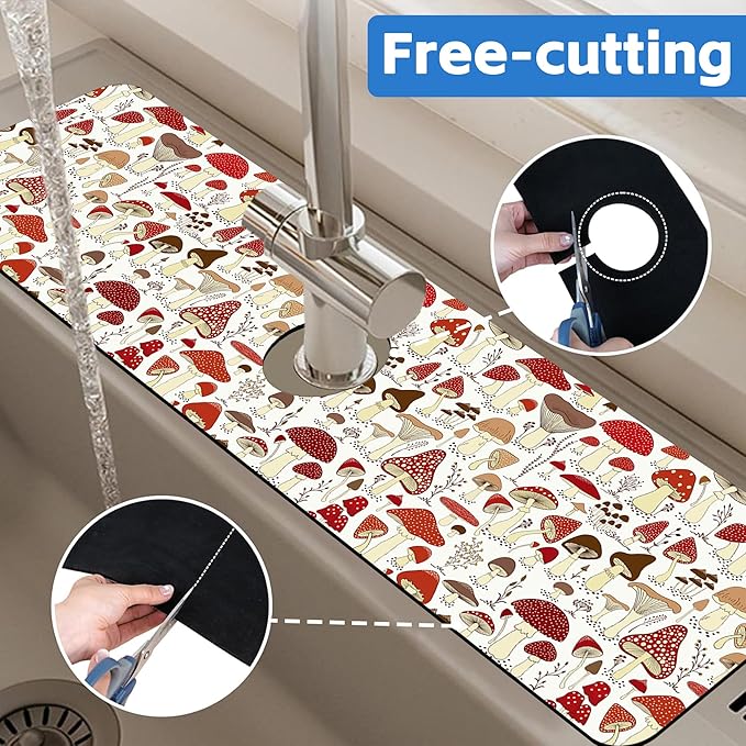 Cartoon Mushrooms Dish Drying Mat for Kitchen Sink Splash Guard Behind Faucet Sink Mat Absorbent Fast Drying Faucet Draining Mat for Bathroom Kitchen 5.5"×24"