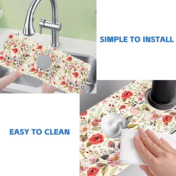 Abstract Red Pink Floral Dish Drying Mat for Kitchen Sink Splash Guard Behind Faucet Sink Mat Absorbent Fast Drying Faucet Draining Mat for Bathroom Kitchen 5.5"×15"