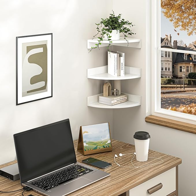 Fun Memories Corner Shelf Wall Mount, Wood Floating Corner Shelves, Corner Wall Shelf for Bedroom, Bathroom, Kitchen, Living Room (White, 3 Pack)