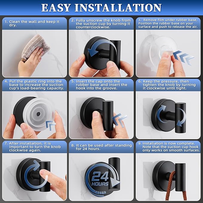 Suction Cup Hooks No Drill Stainless Steel Shower Hooks Towel Hook Robe Hook Heavy Duty on Smooth and Non-Porous Surfaces in Bathrooms Kitchen Bedroom (2, Matte Black)