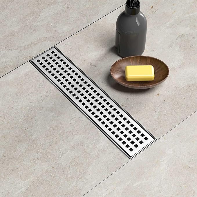 12 Inch Linear Drain Shower Rectangular Floor Drain with Removable Square Hole Cover and Hair Catcher, Long Shower Drains 304 Stainless Steel CUPC Certified (Brushed Nickel)