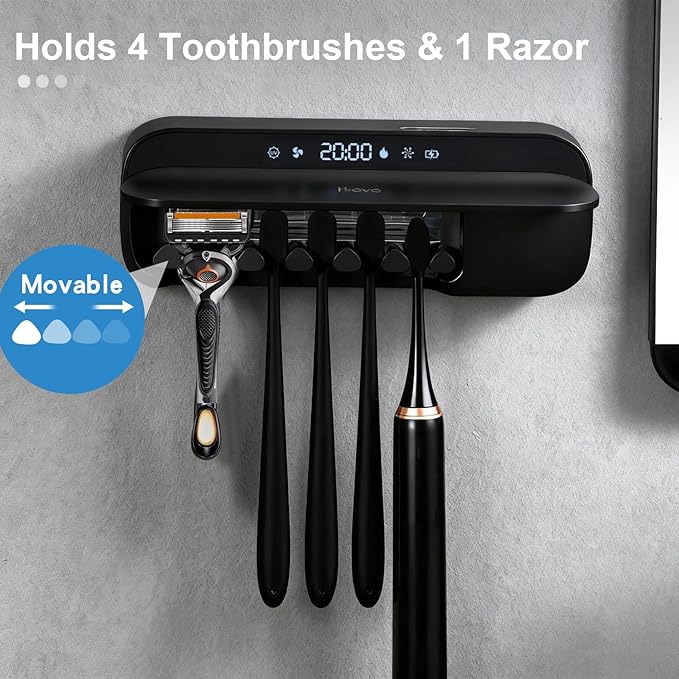 iHave Toothbrush Sanitizer Holder with 360° Disinfection, Mold & Odor Removal | Auto-Cycle UVC, 100M Ions & Fan Drying | Wall Mounted 5-Slot Toothbrush Holders for Bathrooms,Toothbrushes & Razor
