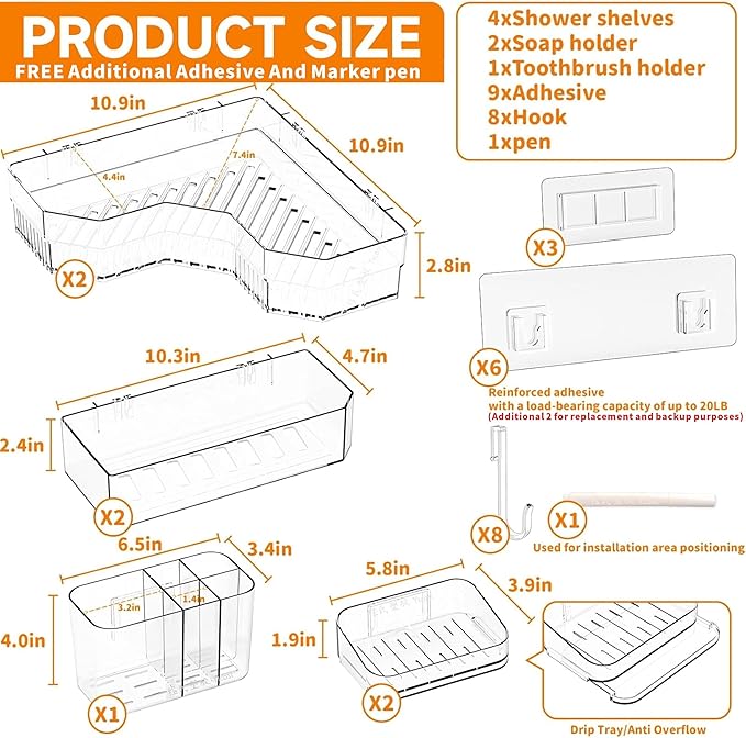 SuoXing 7 Pack Adhesive Corner Shower Caddies,100% Rustproof Acrylic Shower Shelves for Inside Shower,Large Capacity Plastic Wall Mounted Bathroom Shower Organizer with 8 Hooks,No Drilling,Clear