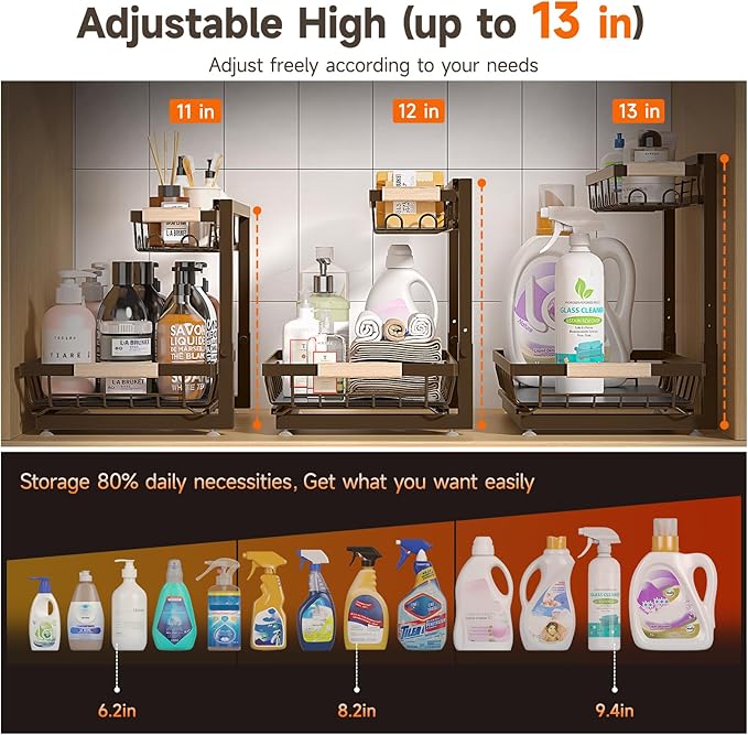 2 Packs Under Sink Organizer, Height Adjustable 2 Tier Under Kitchen sink organizer, Multi-Purpose Storage Shelf for Kitchen Bathroom Cabinet (Brown)