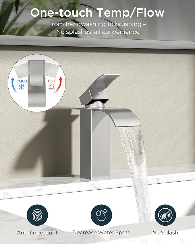 FORIOUS Brushed Nickel Waterfall Bathroom Faucets 1 or 3 Hole, Vanity Single Bathroom Sink Faucet with cUPC Supply Line and Pop Up Drain, Suitable for Basin, RV, Restroom Sink