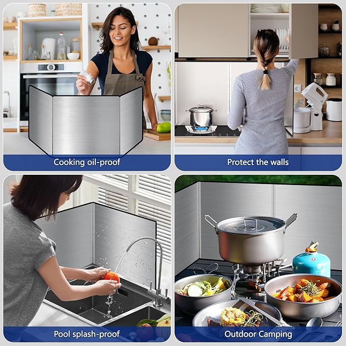 4 Sided Grease Splatter Guard Foldable Splatter Guard for Stove Stainless Steel Oil Splatter Screens Backsplash for Wall Gas Range Frying Pan Camping(Size:15.7×31.5×15.7inches)