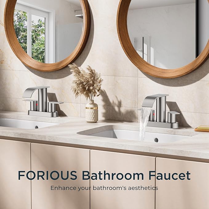 FORIOUS Brushed Nickel Bathroom Sink Faucet, Waterfall 4 Inch Centerset Bathroom Faucets with Metal Pop up Drain and cUPC Hose for Basin, Vanity, RV, Pedestal 2 or 3 Hole Sink