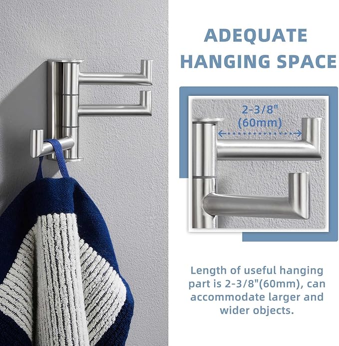 Suyar Bathroom Towel Hook 3 Arms, SUS 304 Stainless Steel Swivel Coat Robe Holder, Towel Hanger Wall Mounted, Brushed Nickel