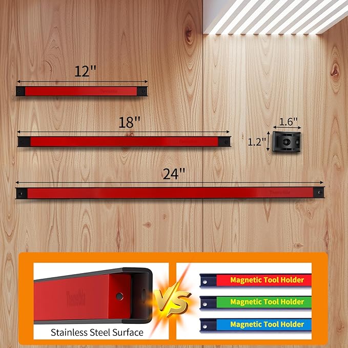 12" Magnetic Tool Holder Strip, 4 Pieces Red Metal Tool Organizer Rack with Stainless Steel Surface, Magnet Bar for Garage Workshop, Easy To Install with Mounting Screws