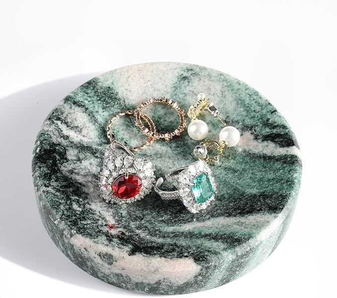 Koville Luxury Stone Jewelry Dish, Small Round Trinket Tray for Ring Necklace Earring, 4" Decorative Dish, Aesthetic Home Table Decor, Natural Stone Soap Dish for Bathroom Kitchen((Green)