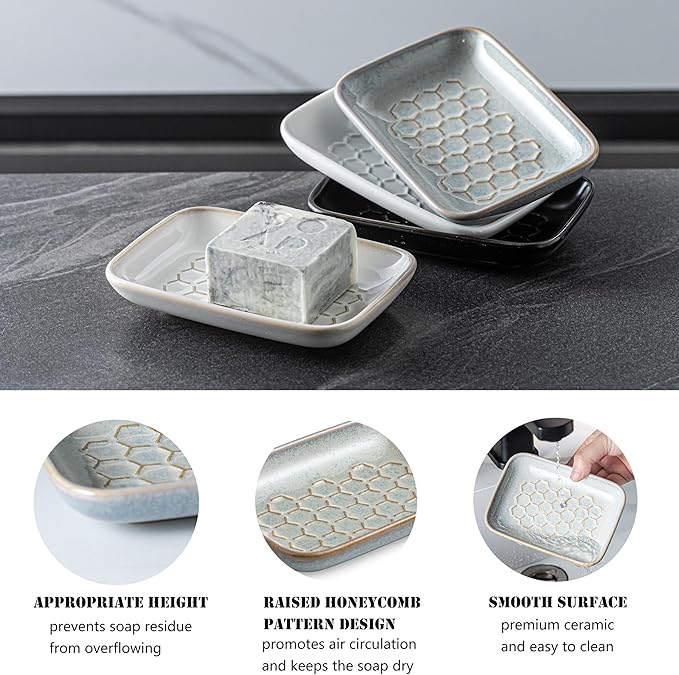 Gomakren Soap Dish for Shower, Ceramic Bar Soap Holder with Honeycomb Design - Soap Saver Tray for Bathroom Kitchen Sink, Sponge & Organizer Tray, Upscale Look, 5.5 Inch, Gray
