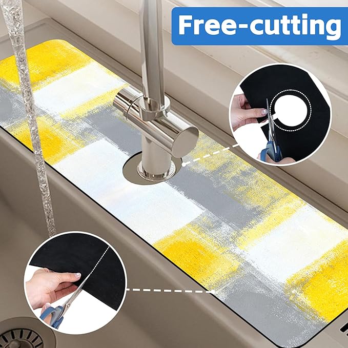 Grey and Yellow Abstract Kitchen Sink Splash Guard Mat Absorbent Fast Drying Mat Faucet Draining Mat Sink Splash Guard Behind Faucet Drip Catcher for Kitchen Bathroom 5.5"×24"