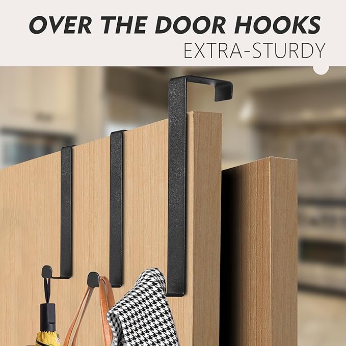 Over The Door Hooks, 2-Pack Heavy Duty Towel Rack Hanger for Bathroom, Bedroom, Dorm Room, Fixed Door Hooks for Hanging Robe, Coat, Towel, Organizer (Black)