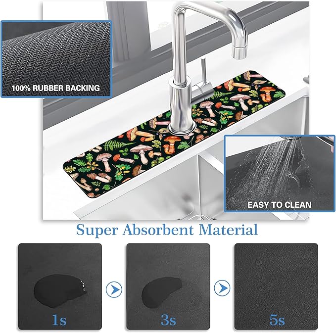 Mushroom Fern Leave Acorn Faucet Mat for Kitchen Sink Watercolor Forest, Soft Diatom Mud Material, Strong Water Absorption, Non-slip, Easy to Clean for Bathroom, Kitchen 23.5"X5.5"