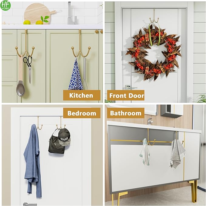 HFHOME 2Packs Over The Door Double Hanger Hooks, Metal Twin Hooks Organizer for Hanging Coats, Hats, Robes, Towels- Gold