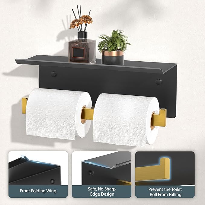 FORIOUS Toilet Paper Holder with Shelf, 304 Stainless Steel Wall Mount Commercial Toilet Paper Dispenser, Double Tissue Roll Holder for Bathroom (Matte Black & Brushed Gold)