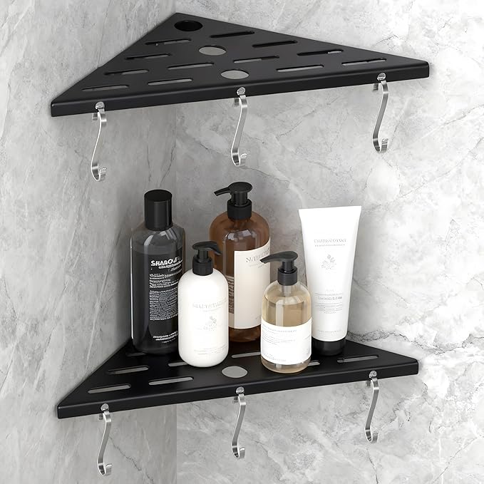 2 Pack Corner Shower Shelf,10" 304 Stainless Steel Bathroom Shelves Add 6 Hooks 40 lbs Heavy Duty Capacity Durable Bathroom Shower Shelf for Inside Shower Drilling Installation (Black)