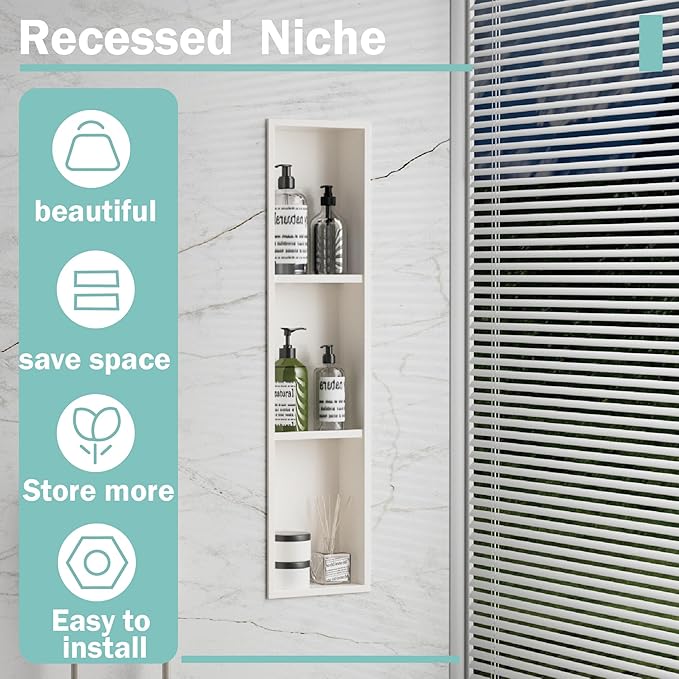 Narrow Shower Niche with Shelf，Stainless Steel recessed Wall Niche ，Three-Tier Shelves with Bathroom Storage/Remodel， Matte White （ 8"x 36"）