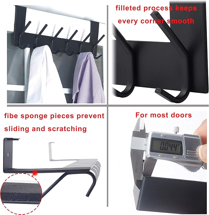 Dseap Over The Door Hook Hanger - 6 Hooks Over Door Coat Rack for Hanging Clothes Hat Towel, Black