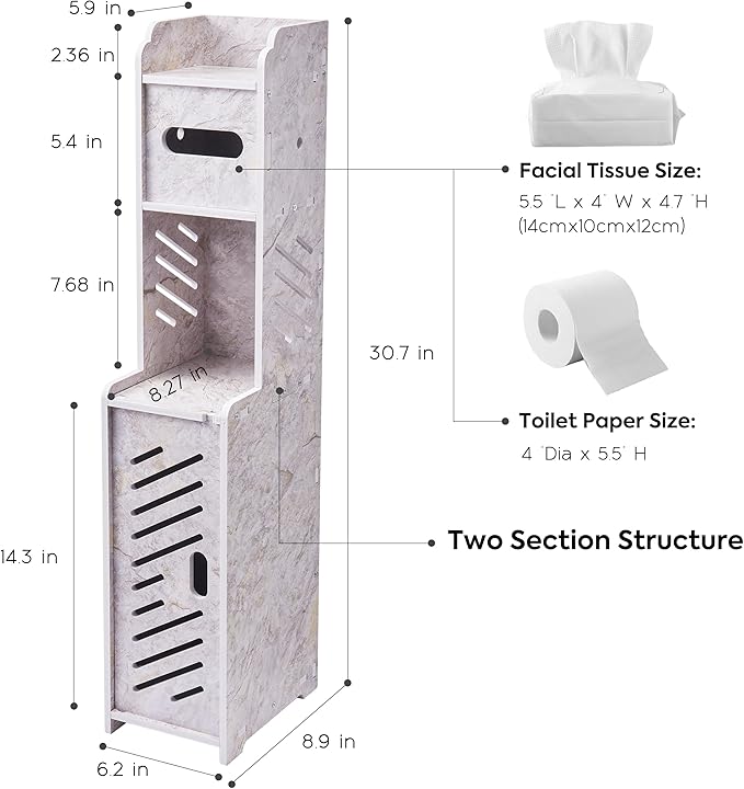 Doxo Small Bathroom Storage Cabinet, Behind Toilet Bathroom Organizer, Narrow Toilet Paper Cabinet for Restroom (Marble White)