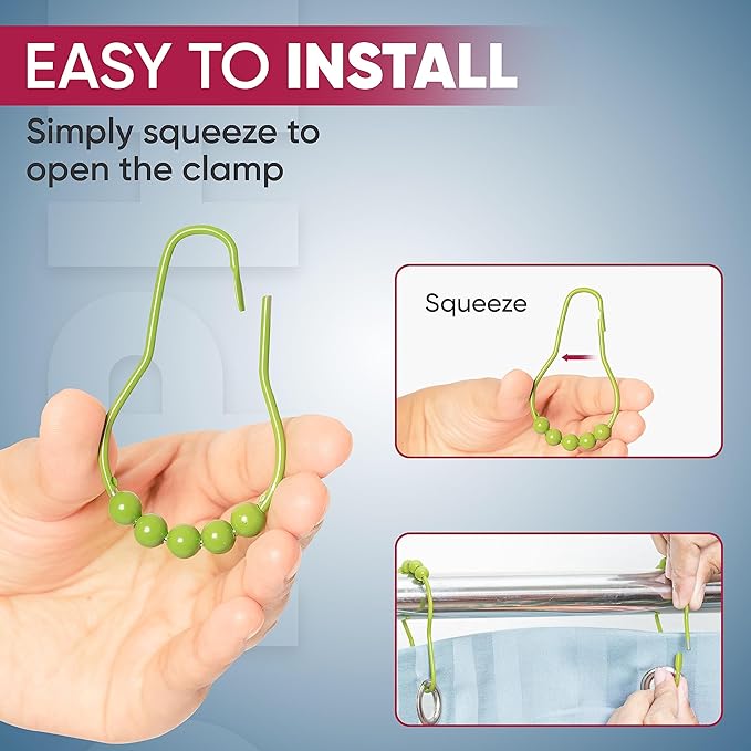 Shower Curtain Hooks Rust Proof (Set of 12) - Stainless Steel Shower Curtain Rings - Anti Slip Roller Balls for Easy Glide (Secure Lock Hooks, Lime Green)