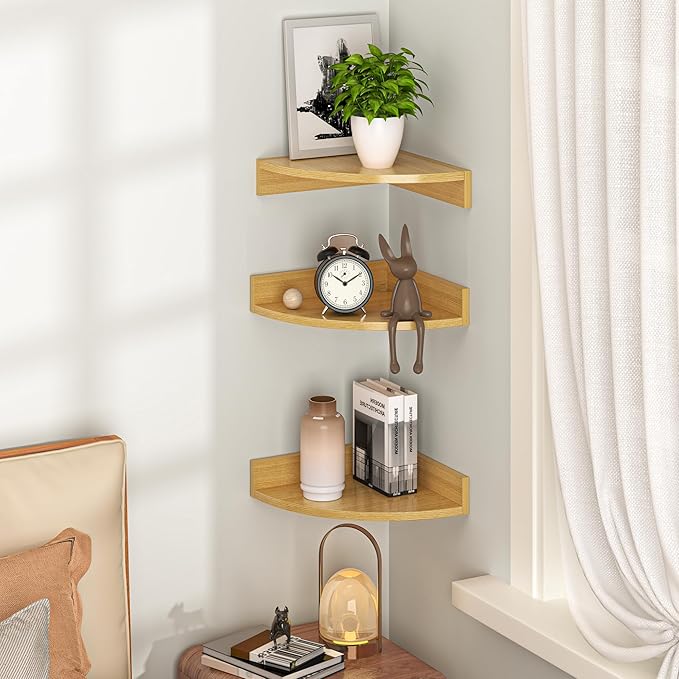 Fun Memories Corner Shelf Wall Mount, Wood Floating Corner Shelves, Corner Wall Shelf for Bedroom, Bathroom, Kitchen, Living Room (Oak, 3 Pack)
