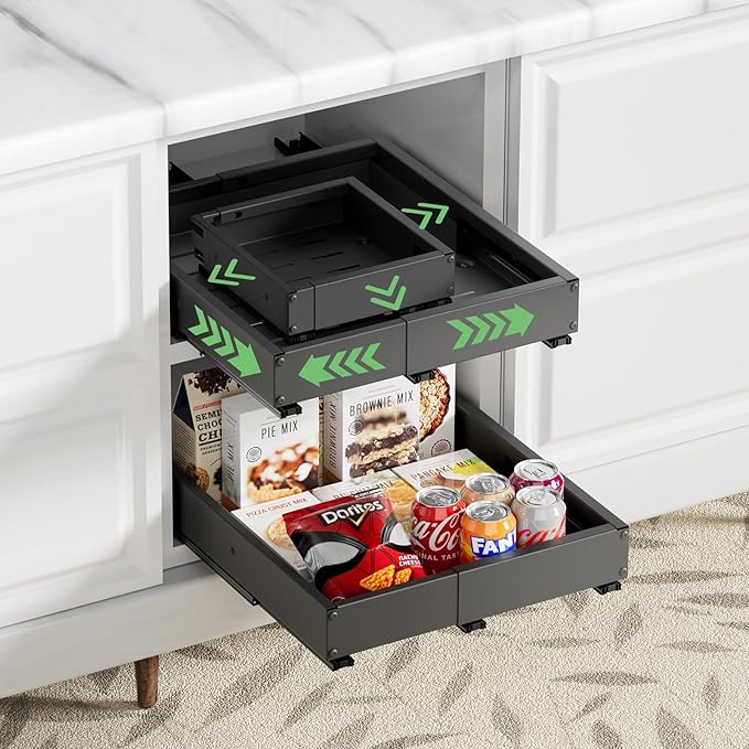 2 Pack Pull out Cabinet Organizer, Width (10"-15") Depth (11"-17"), with 3 Rails Adjustable Slide, Expandable Drawers for Cabinets, No Drill Adhesive Kitchen Drawers for Pantry Shelves black