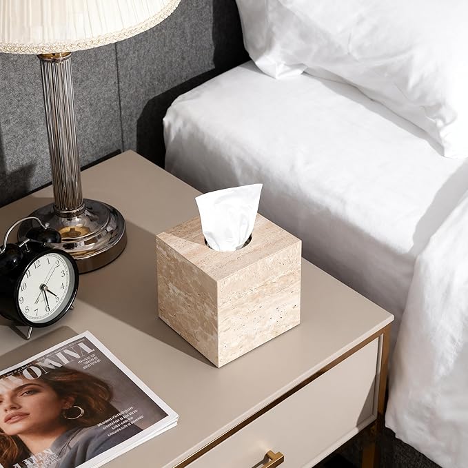 Natural Travertine Marble Tissue Box Holder Cover, Square Cube Tissue Box Holder with Open Bottom for Bathroom Vanity Tops, Bedroom Dressers, Kitchen Countertop, Travertine Beige(NS022)