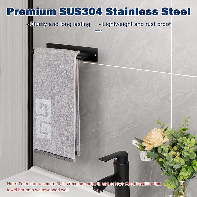 NearMoon Self Adhesive Hand Towel Holder/Towel Ring, Stainless Steel Hand Towel Bar Rustproof Stick on Wall-Towel Rack for Bathroom/Kitchen, Sticky and Wall Mounted (1, Matte Black)