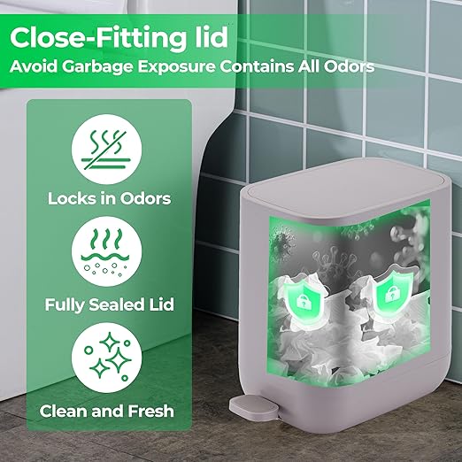 1.85 Gallons 7 Liters Slim Small Bathroom Trash Can with Lid Soft Close Dust Bin Step Pedal Garbage Waste Home Kitchen Bin Office Smooth ABS Washable Cubo de Basura Cocina Grey