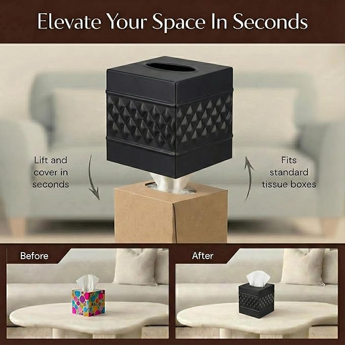 Monarch Abode Tissue Box Cover Square – Handcrafted Geo Embossed Black Metal Tissue Holder Box for Bathroom Accessory, Aesthetic Decorative Facial Napkin Cube for Modern Home Decor