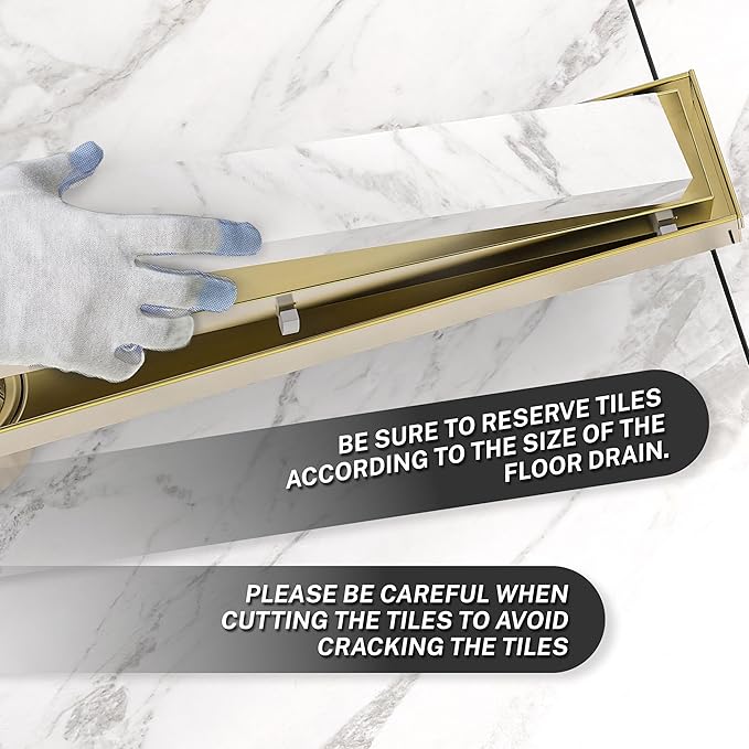 Linear Shower Drain.36 Inch Shower Trench Drain with 2-in-1 Flat Cover & Inser Cover,304 Stainless Rectangle Steel Shower Floor Drain with Hair Strainer and Leveling Feet (Gold, 36 in)