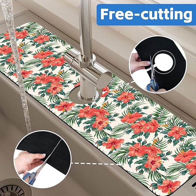 Tropical Leaves and Red Floral Kitchen Sink Splash Guard Mat Absorbent Fast Drying Mat Faucet Draining Mat Sink Splash Guard Behind Faucet Drip Catcher for Kitchen Bathroom 5.5"×24"