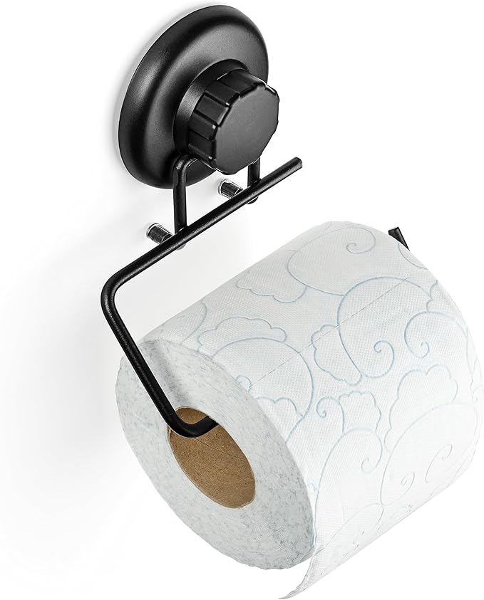 Powerful Vacuum Suction Cup Toilet Paper Holder – Wall Mount No Drilling Bathroom Stainless Steel Tissue Roll Dispenser – Adhesive 3M Stick Disc Included (Black)