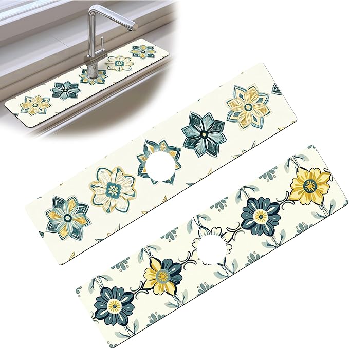 Bimkole 2 PCS Faucet Absorbent Mat, Kitchen Faucet Sink Splash Guard Wraparound Cloth Pads Drip Catcher for Sink Faucet for Kitchen Bathroom Faucet, Colorful Faucet Mat, 15 x 4 Inch Flower A2
