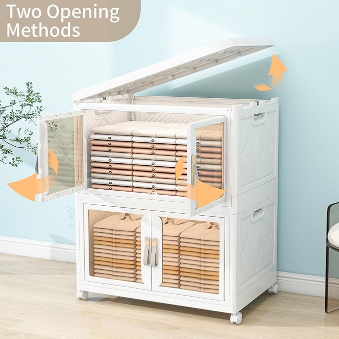 Large Stackable Storage Bins with 2 Lids, 990QT-165QT*6Tier Foldable Cabinet for Closet Organizers, Plastic Storage Containers Box with Wheels