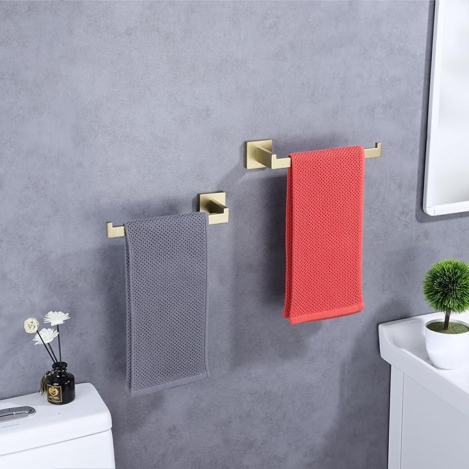 LANC Bathroom Hand Towel Holder 2 Pack Left and Right Side Brushed Gold Hand Towel Bar 10 Inche Square Towel Ring for Kitchen Bathroom Wall Mount Stainless Steel Towel Rack Hanger,A8806BG-LRP2
