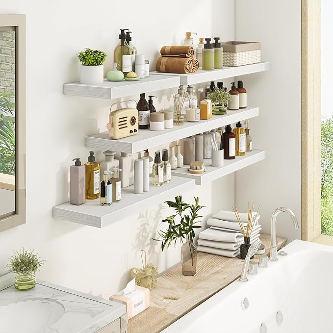 Fun Memories 36Inch Floating Shelves, 9.3Inch Deep Rustic Wall Shelves - Extra Deeper & Thicker Wall Mounted Storage Shelf for Kitchen, Farmhouse - Set of 2 - Rustic White