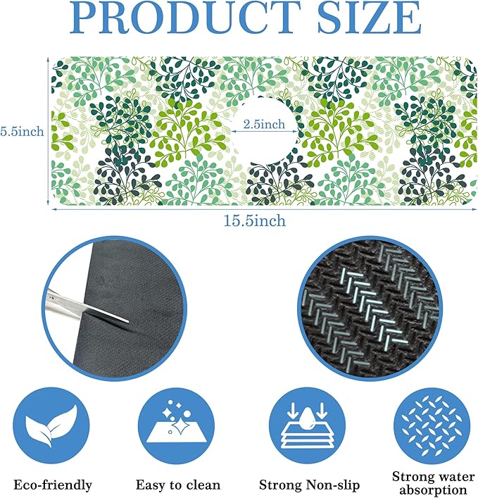 Green Leafy Faucet Mat for Kitchen Sink Verdant Vein, Soft Diatom Mud Material, Strong Water Absorption, Non-slip, Easy to Clean for Bathroom, Kitchen 15"X5.5"