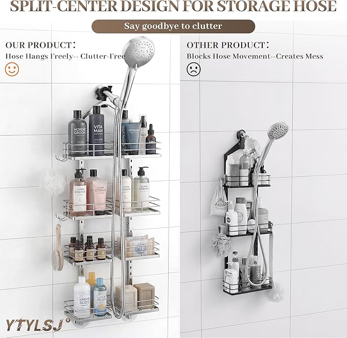 Aluminum Alloy Hanging Shower Caddy for Handheld Shower Heads, 4-Tier Adjustable Shower Rack, Rustproof Hose Hanging Shower Organizer with 2 S-Hooks, Silver