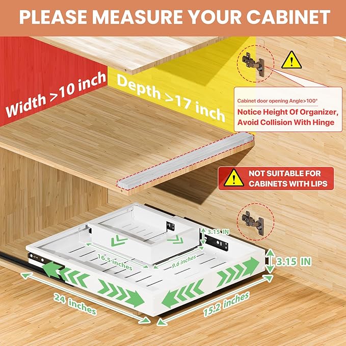 1 Pack Pull out Cabinet Organizer, Width (10"-16") Depth (17"-25"), with 3 Rails Adjustable Slide, Expandable Pullout Drawers for Cabinets, No Drill Adhesive Kitchen Drawers for Pantry Shelves