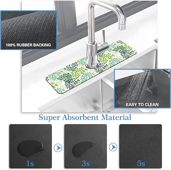 Green Leafy Faucet Mat for Kitchen Sink Verdant Vein, Soft Diatom Mud Material, Strong Water Absorption, Non-slip, Easy to Clean for Bathroom, Kitchen 15"X5.5"
