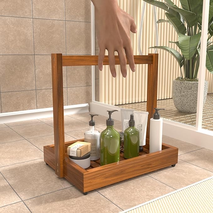 Teak Organizer for Bathroom Kitchen - Use as Shower Caddy Towel Holder Toilet Paper Storage Fruit Basket Spice Rack with Non-Slip Base