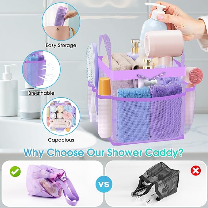 Mesh Shower Caddy Portable with Drawstring, 1 Main Compartment+ 7 Pockets, College Dorm Room Essentials for Girls, Shower Organizer Hanging Bag for Beach, Camp, Swim, Gym, Travel