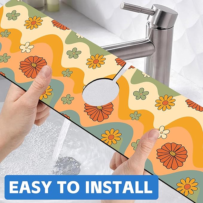 70s Groovy Flowers Sink Faucet Absorbing Mat Retro Waveas Splash Guard Behind Faucet Sink Mat Absorbent Fast Drying Faucet Draining Mat for Bathroom Kitchen 5.5"×24"