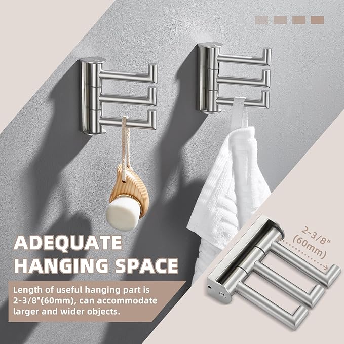 Suyar Towel Hook for Bathroom, SUS 304 Stainless Steel Swivel Robe Holder with 3 Arms, Wall Hook Brushed Nickel, 2 Pack