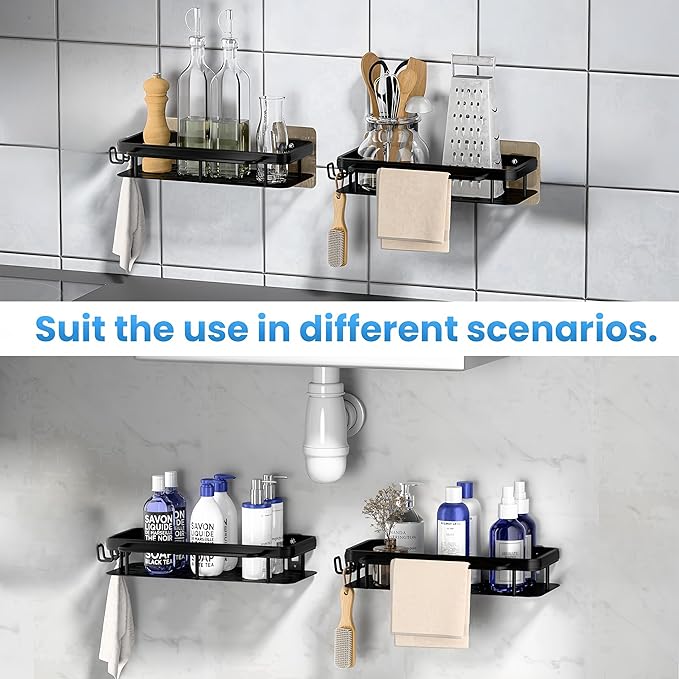 Flat Panel Design Shower Caddy,Anti-Tip & Anti-Fall Bathroom Organizers and Storage,2-Pack Rust-Resistant Aluminum Shower shelves with 2 Towel Bars & 4 Hooks,Spacious Bathroom Accessories Set