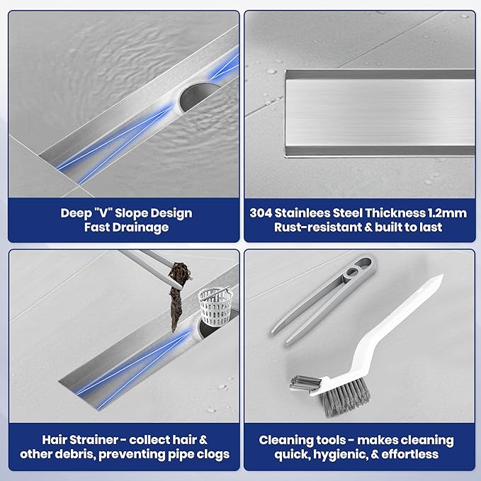 Linear Shower Drain 24 inch with 2-in-1 Flat & Tile Insert Cover - Brushed 304 Stainless Steel Shower Floor Drain - Bathroom Drain with Reversible Cover & Hair Catcher - Includes Cleaning Tools