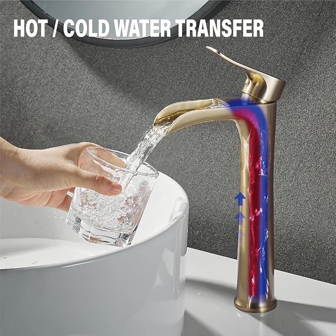 YUNDOOM Vessel Sink Faucet,Chrome Single Hole Single Handle Tall Bathroom Sink Bowl Faucet, Waterfall Bathroom Faucet with Pop Up Drain